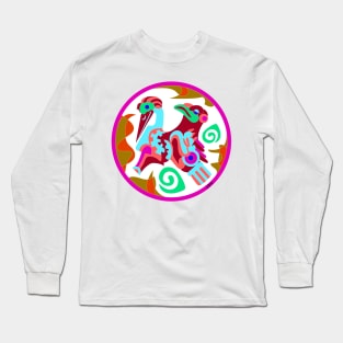 totonac birds in ancient mexican patterns ecopop floral glyph pictogram white Long Sleeve T-Shirt